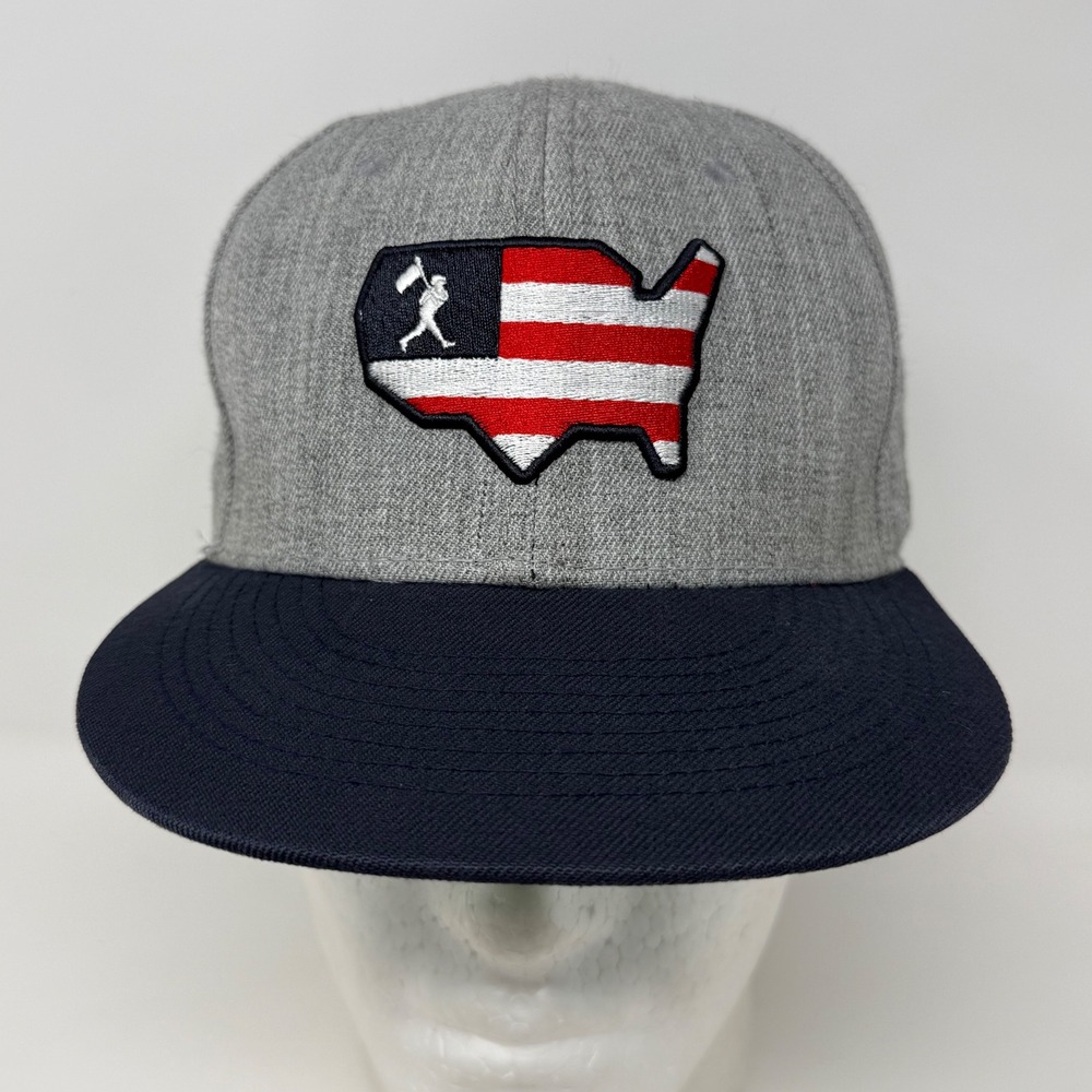 Baseballism Mens USA Flag Map Fitted Hat Grey Navy Blue Size 7 1/2 Flat Bill Cap